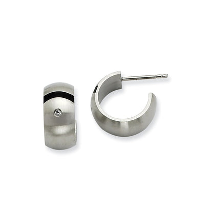 Stainless Steel Brushed Black Rubber W/ Cz Post Hoop Earrings