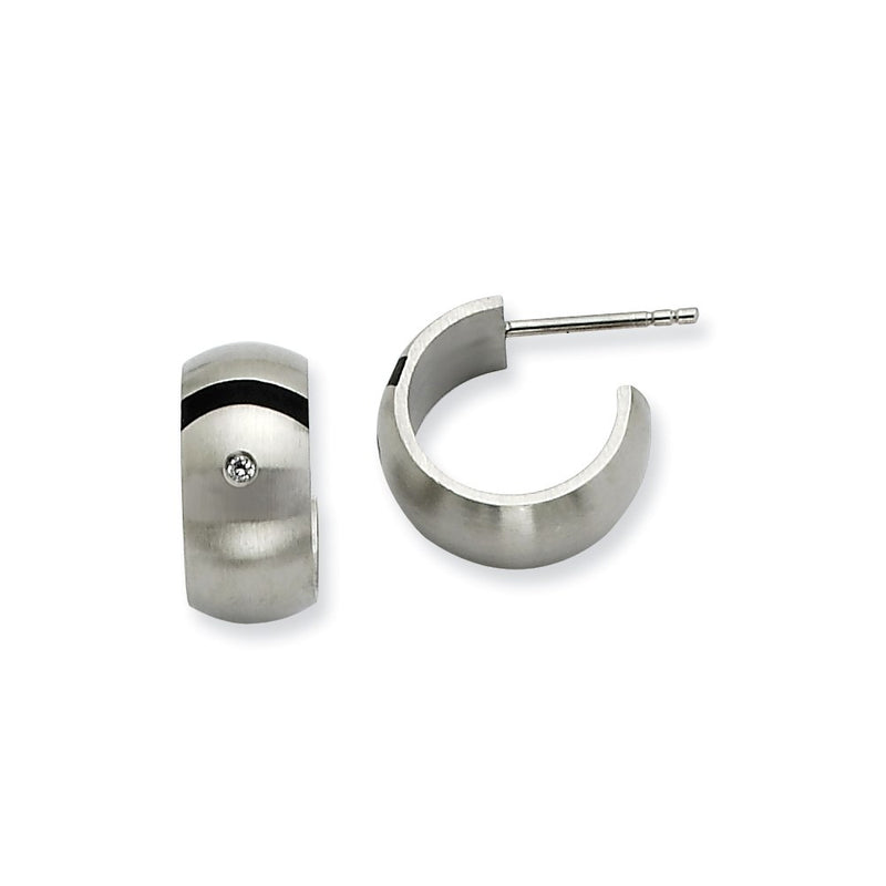 Stainless Steel Brushed Black Rubber W/ Cz Post Hoop Earrings