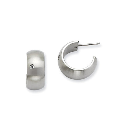 Stainless Steel Cz Brushed J Post Hoop Earrings