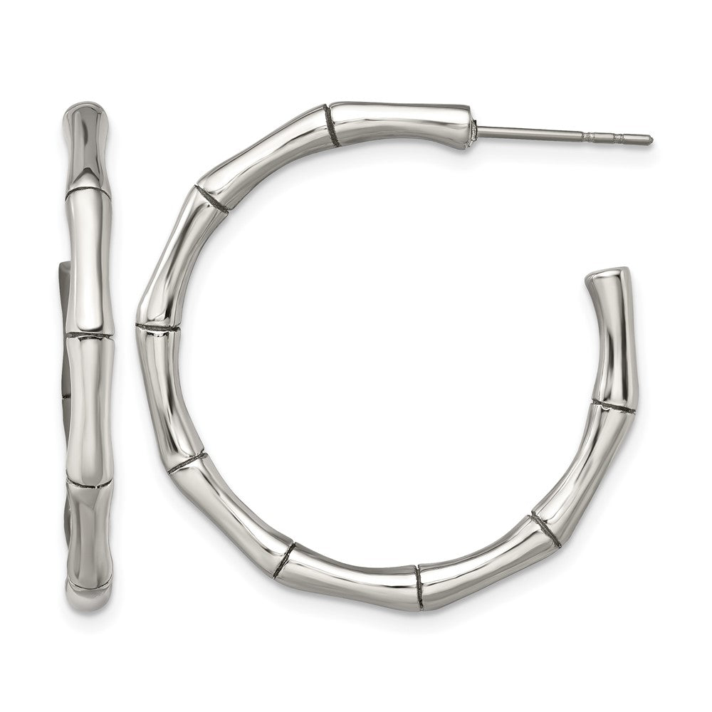 Stainless Steel Chisel Polished Bamboo Design J Hoop Post Earrings