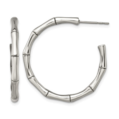 Stainless Steel Chisel Polished Bamboo Design J Hoop Post Earrings