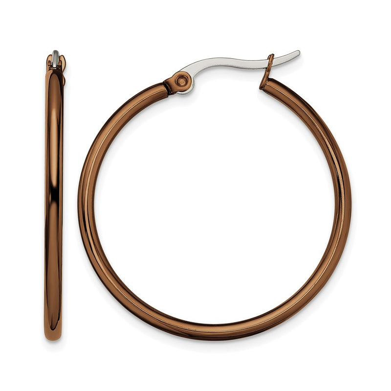 Stainless Steel Chisel Polished Brown Ip-Plated 32mm Diameter 2mm Hoop Earrings