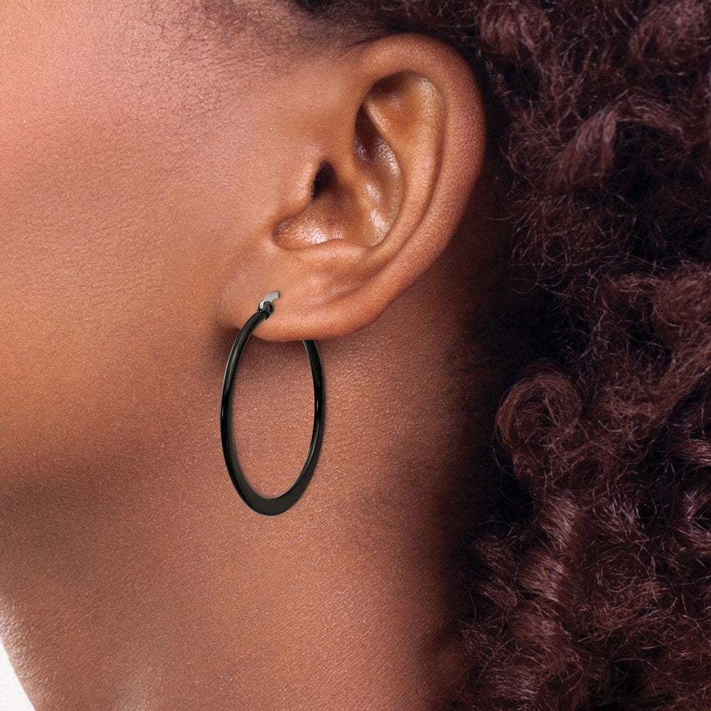 Stainless Steel Chisel Polished Black Ip-Plated 34mm Diameter 2mm Hoop Earrings