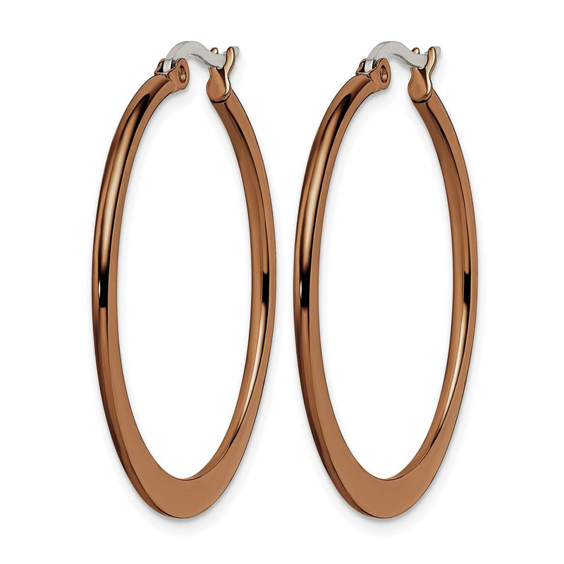 Stainless Steel Chisel Polished Brown Ip-Plated 34mm Diameter Tapered Hoop Earrings
