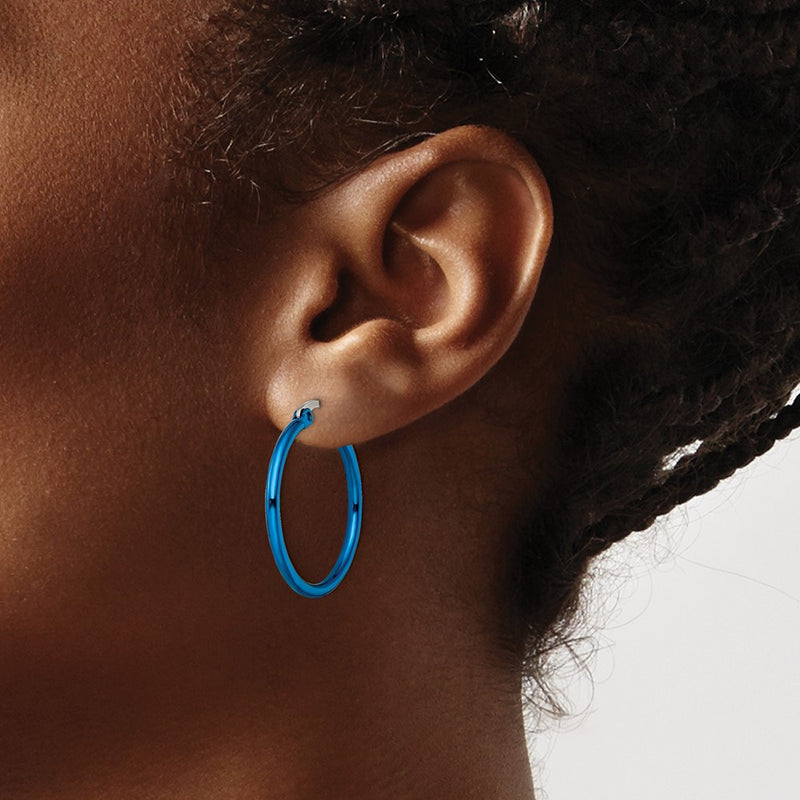 Stainless Steel Chisel Polished Blue Ip-Plated 26mm Diameter 2mm Hoop Earrings