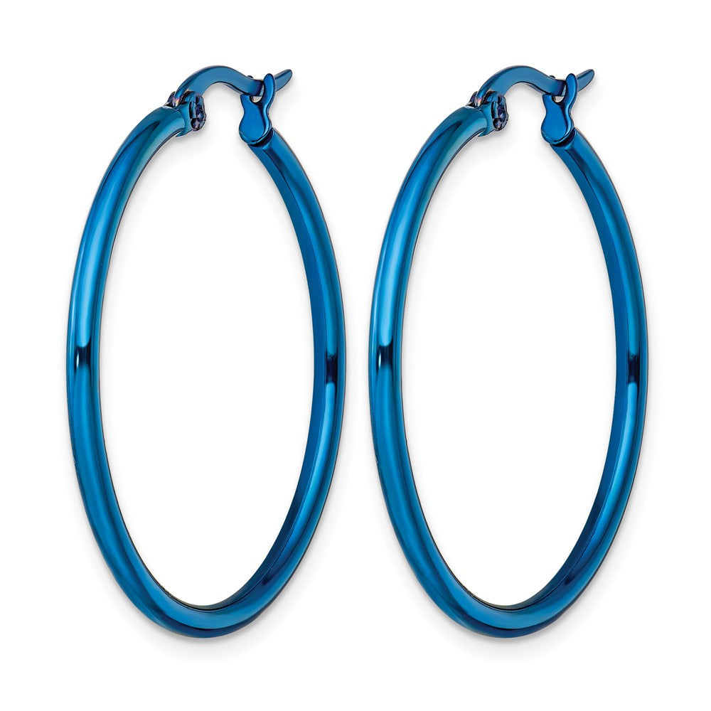 Stainless Steel Chisel Polished Blue Ip-Plated 32mm Diameter 2mm Hoop Earrings