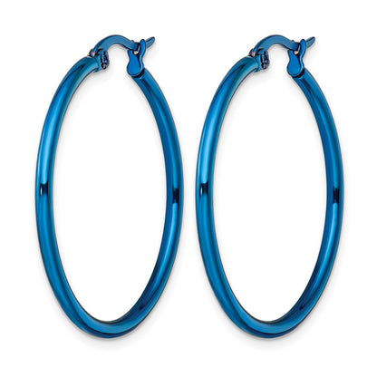 Stainless Steel Chisel Polished Blue Ip-Plated 32mm Diameter 2mm Hoop Earrings