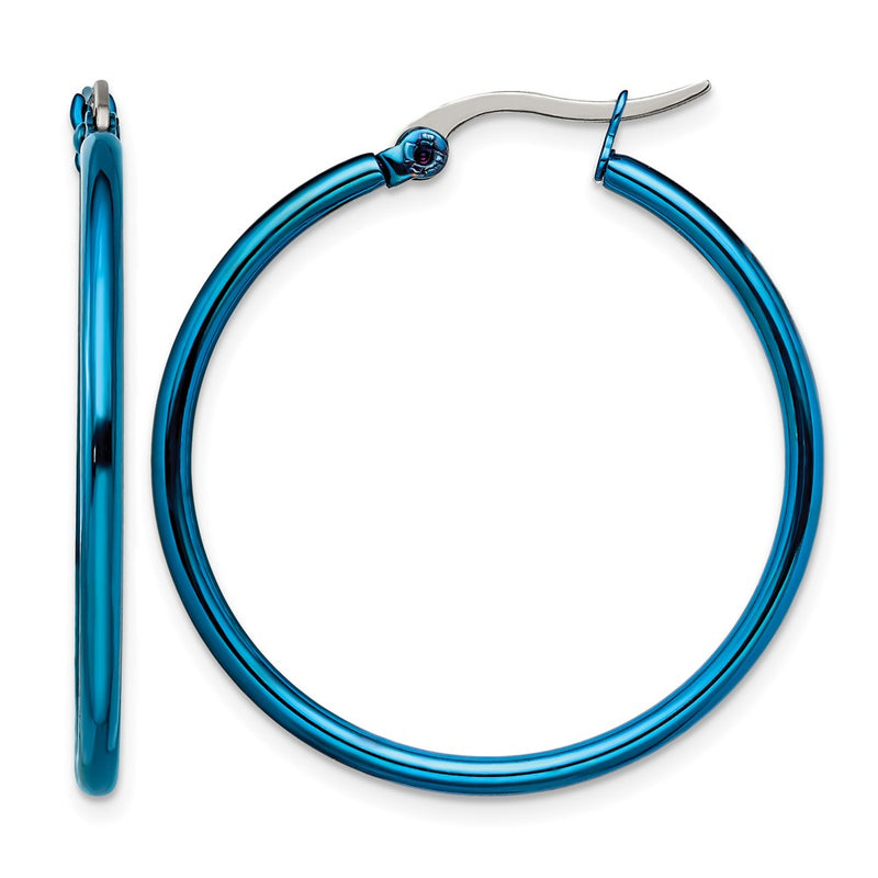 Stainless Steel Chisel Polished Blue Ip-Plated 32mm Diameter 2mm Hoop Earrings