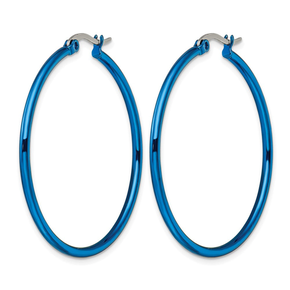 Stainless Steel Chisel Polished Blue Ip-Plated 42mm Diameter 2mm Hoop Earrings