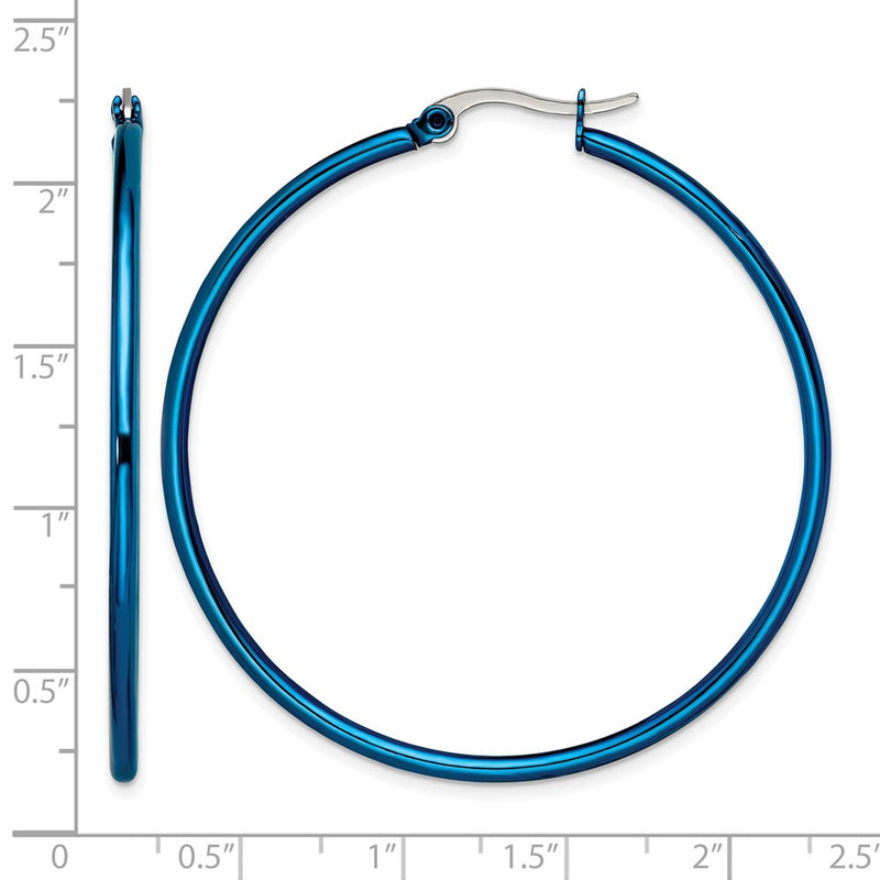 Stainless Steel Chisel Polished Blue Ip-Plated 49.5mm Diameter 2mm Hoop Earrings