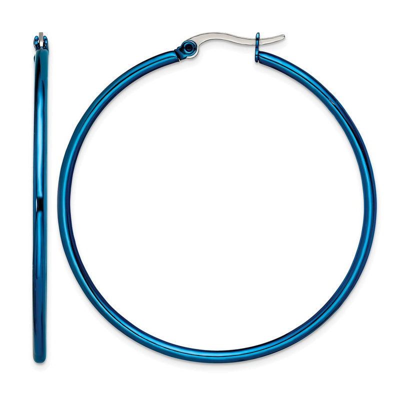 Stainless Steel Chisel Polished Blue Ip-Plated 49.5mm Diameter 2mm Hoop Earrings