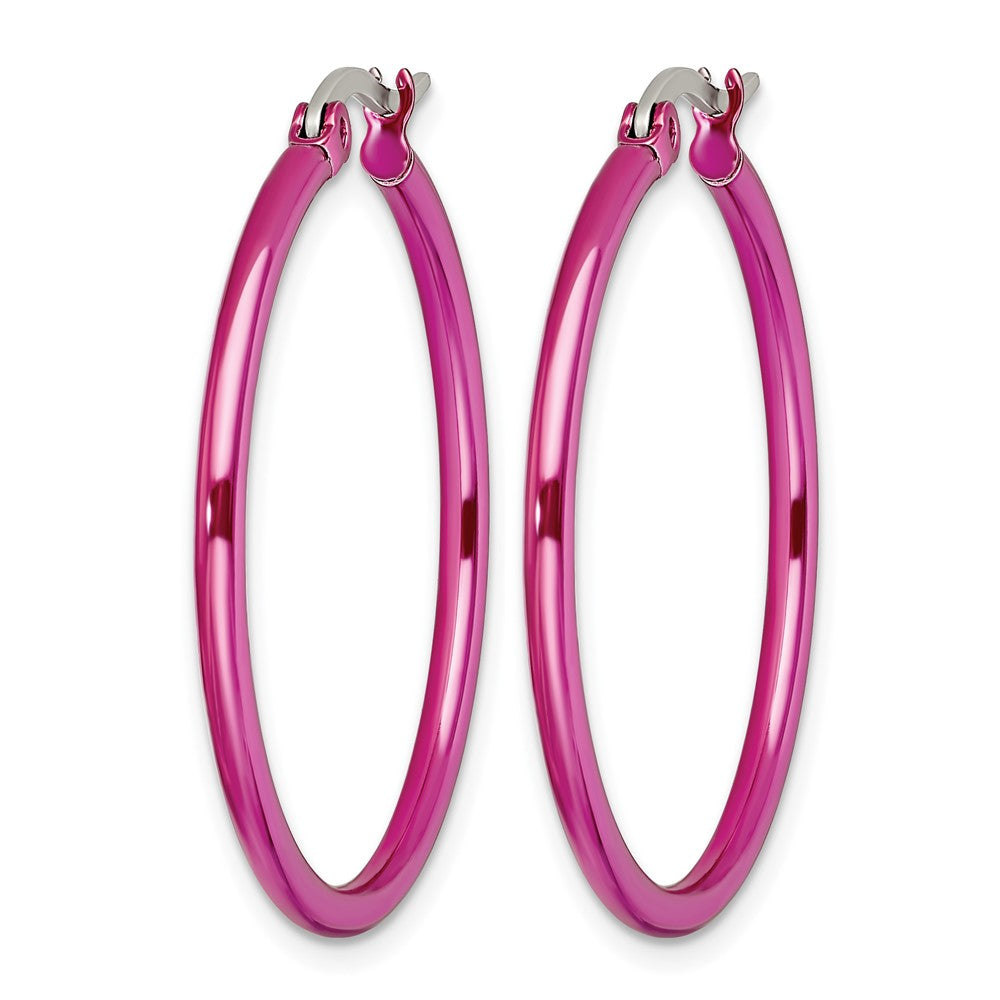 Stainless Steel Chisel Polished Pink Ip-Plated 32mm Diameter 2mm Hoop Earrings