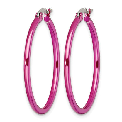 Stainless Steel Chisel Polished Pink Ip-Plated 32mm Diameter 2mm Hoop Earrings