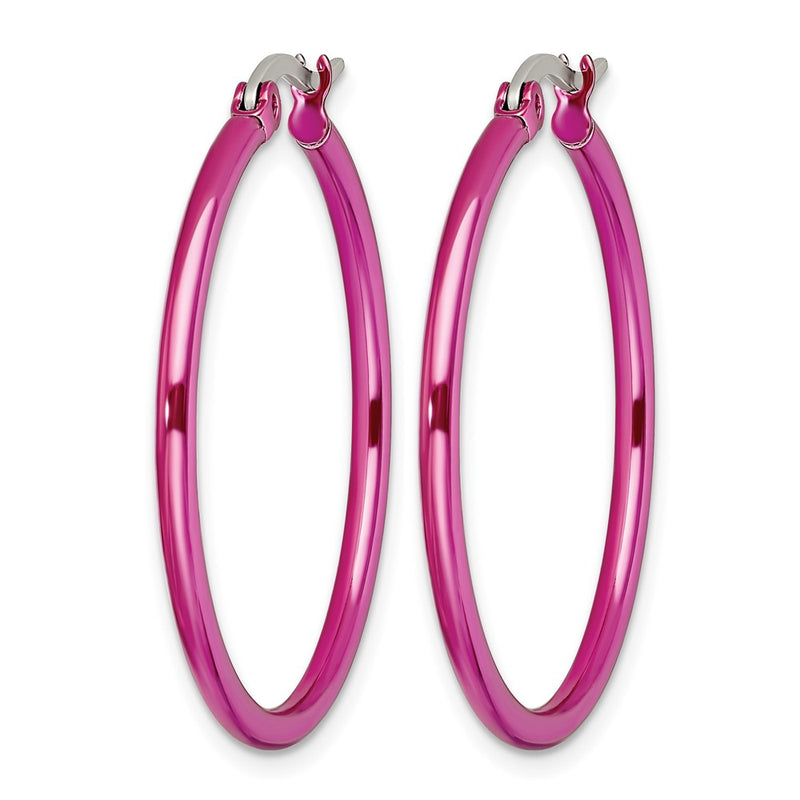 Stainless Steel Chisel Polished Pink Ip-Plated 32mm Diameter 2mm Hoop Earrings