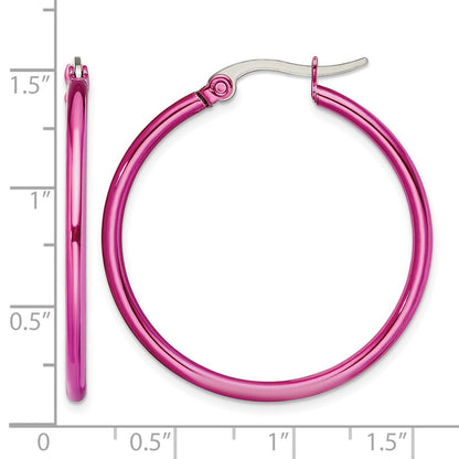 Stainless Steel Chisel Polished Pink Ip-Plated 32mm Diameter 2mm Hoop Earrings