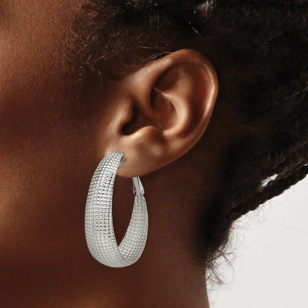 Stainless Steel Chisel Polished And Textured Oval Omega Back Hoop Earrings