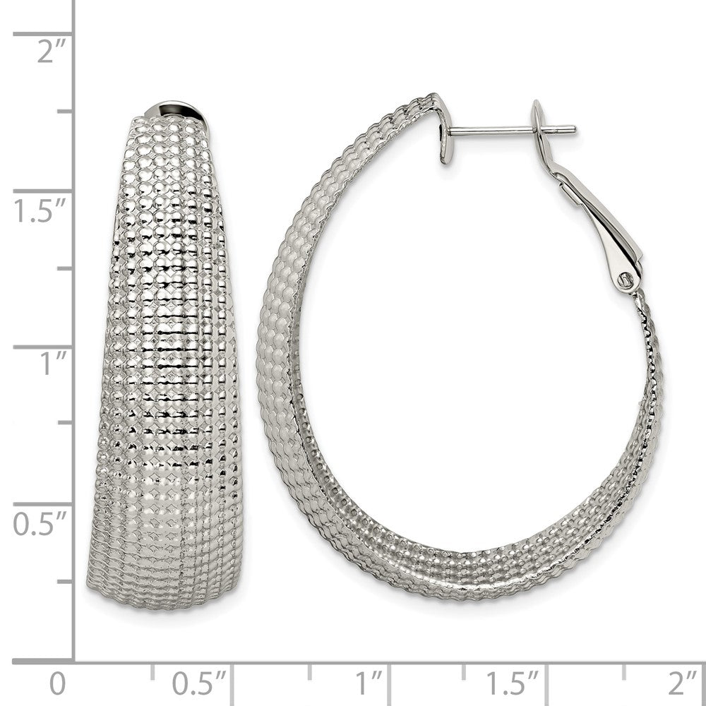 Stainless Steel Chisel Polished And Textured Oval Omega Back Hoop Earrings