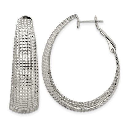 Stainless Steel Chisel Polished And Textured Oval Omega Back Hoop Earrings