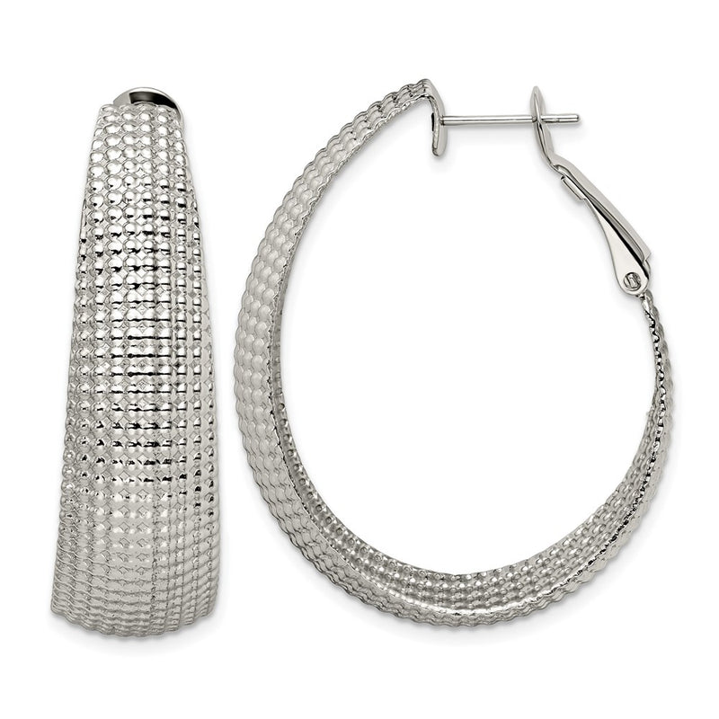 Stainless Steel Chisel Polished And Textured Oval Omega Back Hoop Earrings