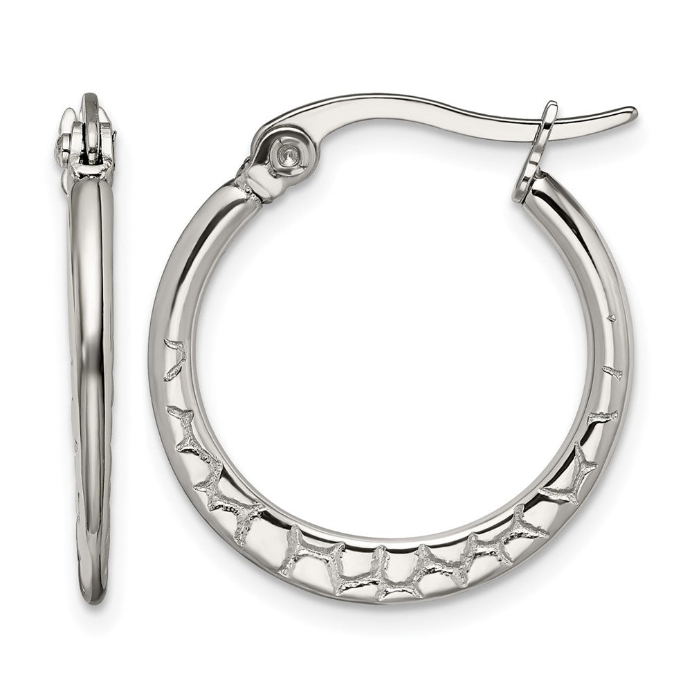 Stainless Steel Chisel Polished And Textured 20mm Diameter Hoop Earrings