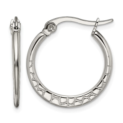 Stainless Steel Chisel Polished And Textured 20mm Diameter Hoop Earrings