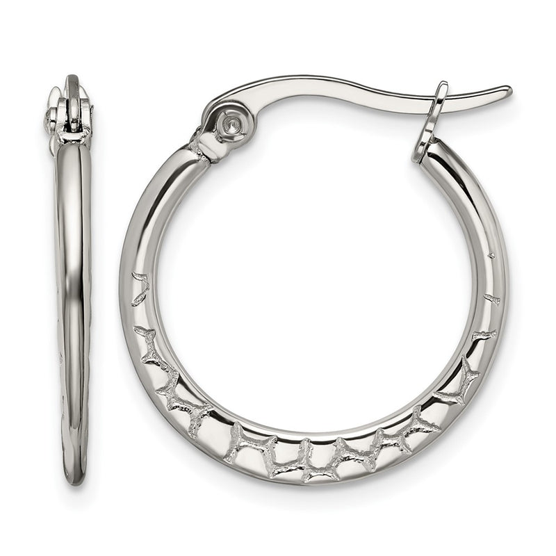 Stainless Steel Chisel Polished And Textured 20mm Diameter Hoop Earrings