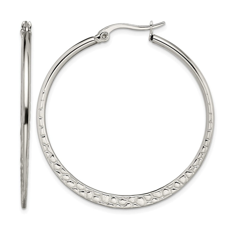 Stainless Steel Chisel Polished And Textured 40mm Diameter Hoop Earrings