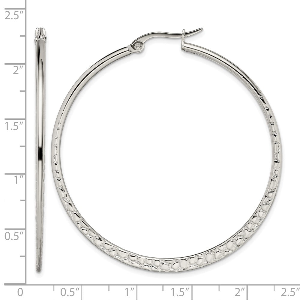Stainless Steel Chisel Polished And Textured 50mm Diameter Hoop Earrings