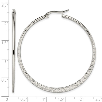 Stainless Steel Chisel Polished And Textured 50mm Diameter Hoop Earrings