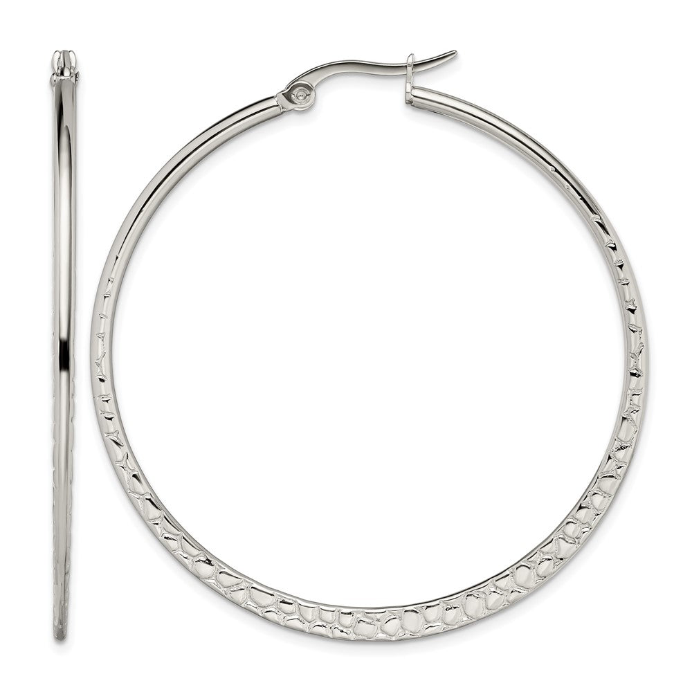 Stainless Steel Chisel Polished And Textured 50mm Diameter Hoop Earrings