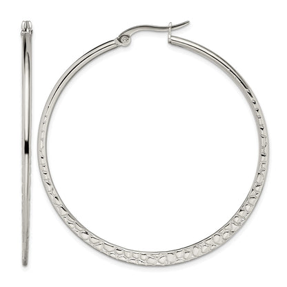 Stainless Steel Chisel Polished And Textured 50mm Diameter Hoop Earrings