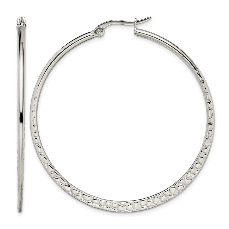 Stainless Steel Chisel Polished And Textured 50mm Diameter Hoop Earrings