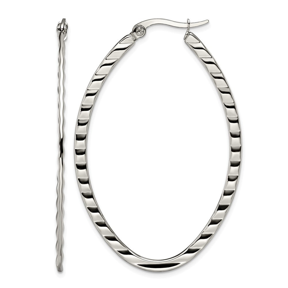 Stainless Steel Chisel Polished And Textured Oval Hoop Earrings