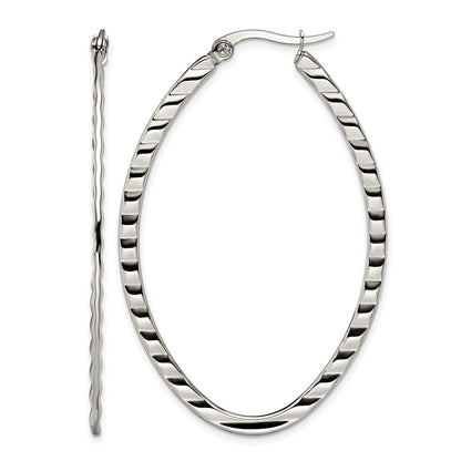 Stainless Steel Chisel Polished And Textured Oval Hoop Earrings