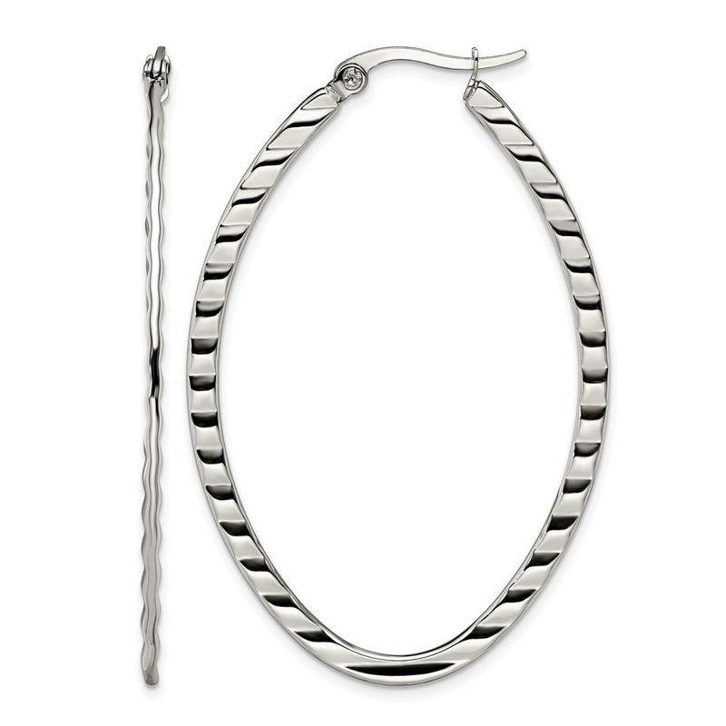 Stainless Steel Chisel Polished And Textured Oval Hoop Earrings