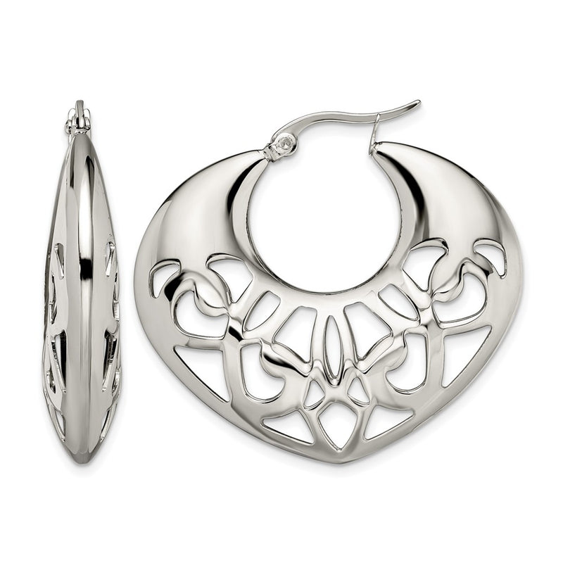 Stainless Steel Chisel Polished Fancy Cut Out 40mm Diameter Hoop Earrings