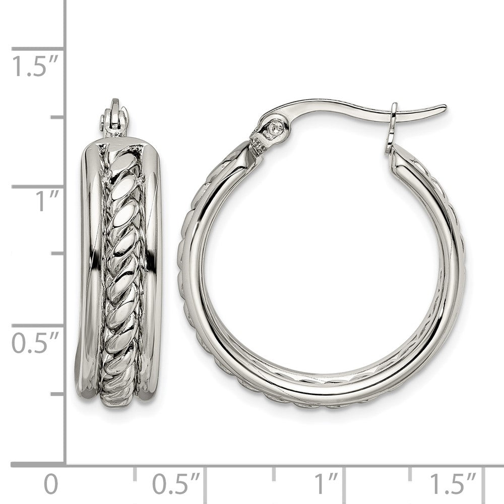 Stainless Steel Chisel Polished Twisted Middle 25mm Diameter Hoop Earrings