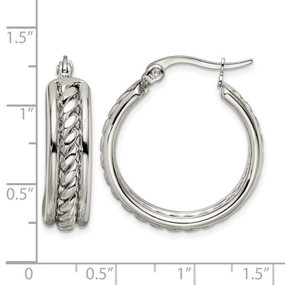 Stainless Steel Chisel Polished Twisted Middle 25mm Diameter Hoop Earrings