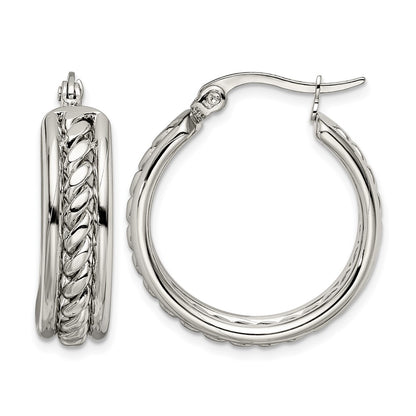 Stainless Steel Chisel Polished Twisted Middle 25mm Diameter Hoop Earrings