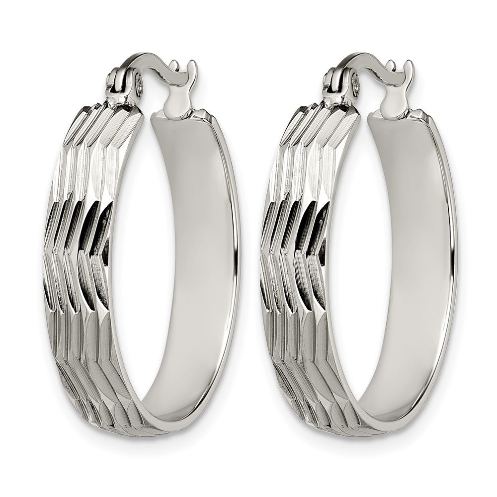 Stainless Steel Chisel Polished And Textured Hoop Earrings