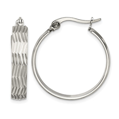 Stainless Steel Chisel Polished And Textured Hoop Earrings