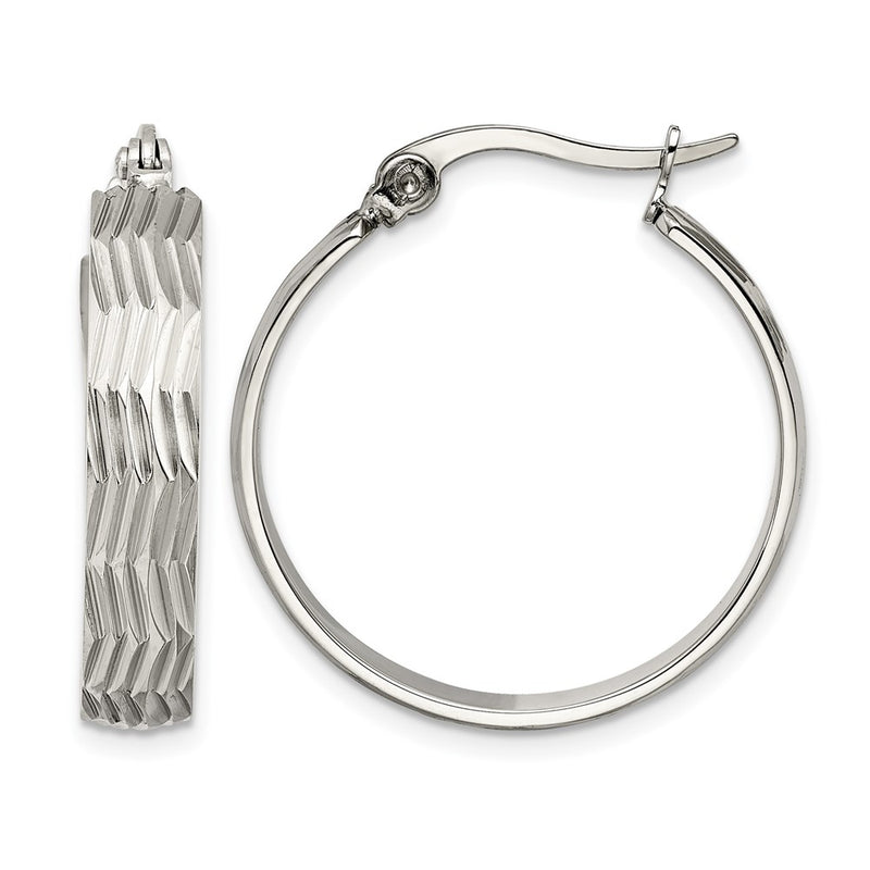 Stainless Steel Chisel Polished And Textured Hoop Earrings