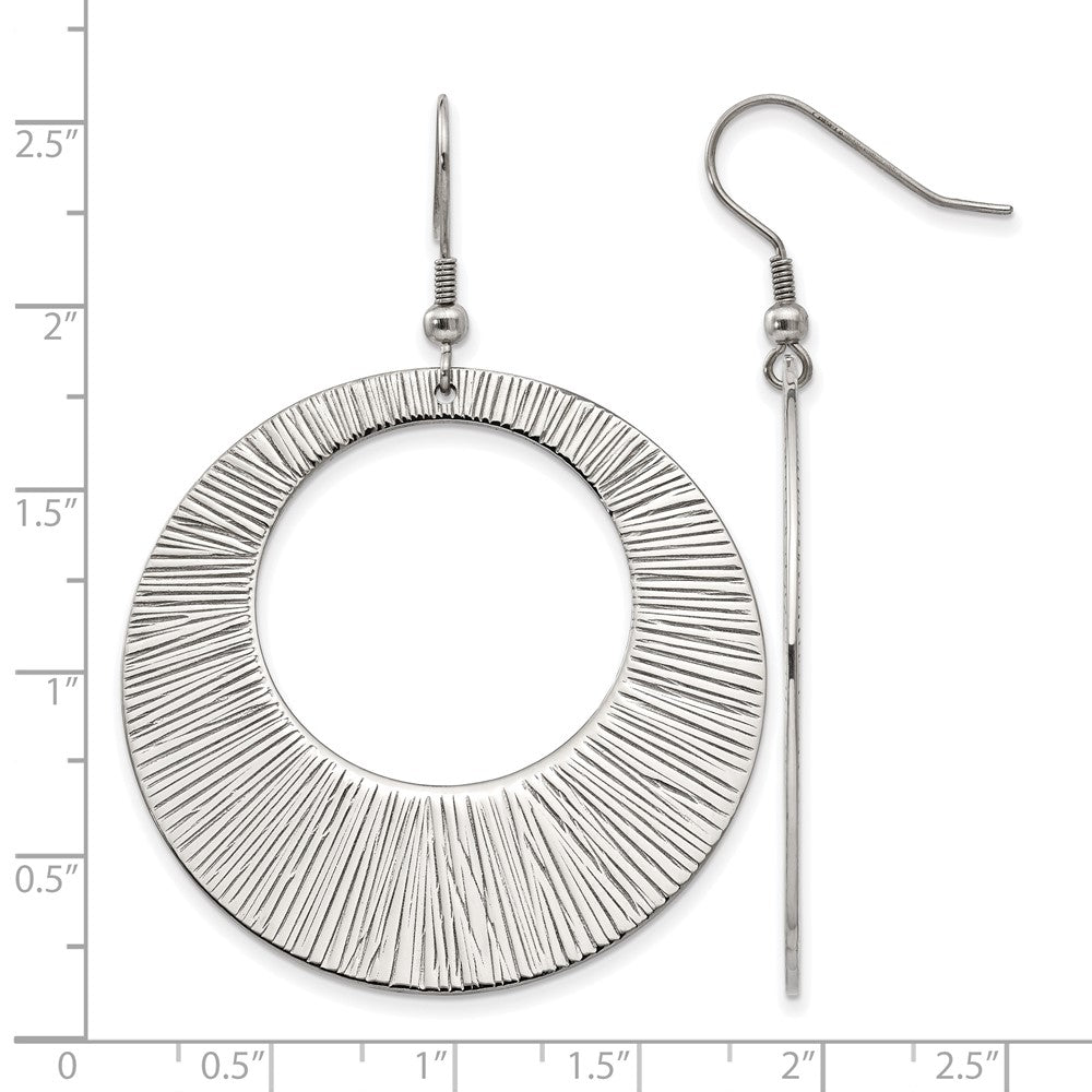 Stainless Steel Chisel Polished And Textured Circle Dangle Shepherd Hook Earrings