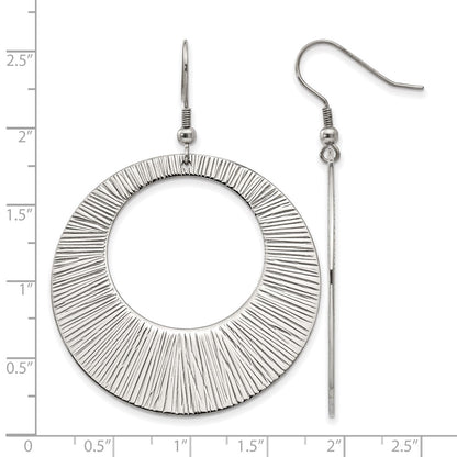 Stainless Steel Chisel Polished And Textured Circle Dangle Shepherd Hook Earrings