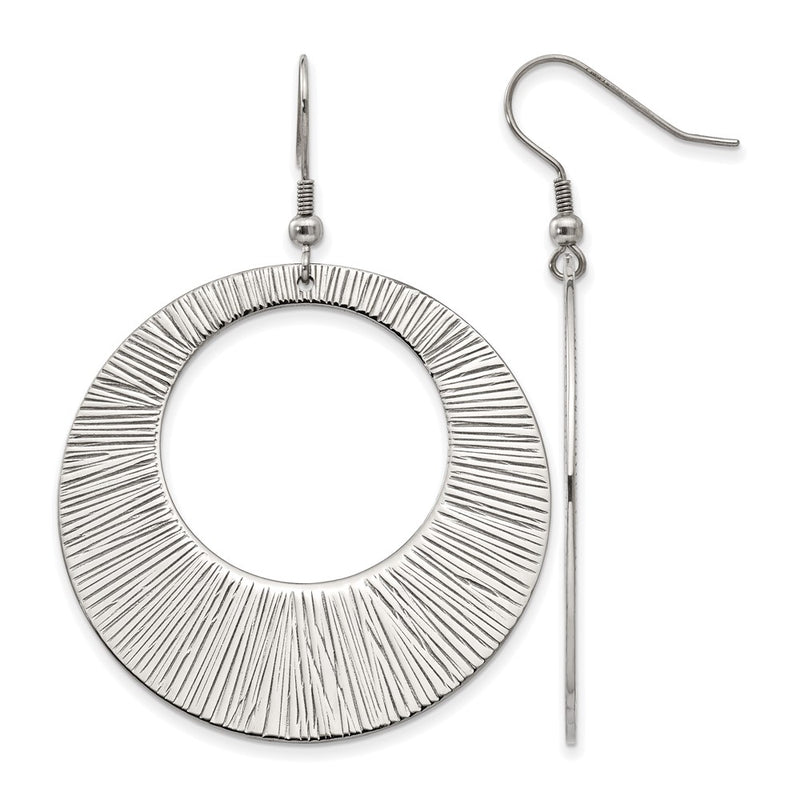 Stainless Steel Chisel Polished And Textured Circle Dangle Shepherd Hook Earrings