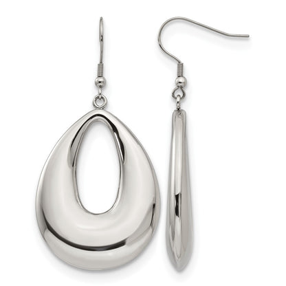 Stainless Steel Chisel Polished Hollow Teardrop Dangle Shepherd Hook Earrings