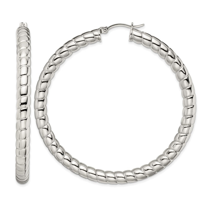 Stainless Steel Chisel Polished And Textured Hollow Hoop Earrings