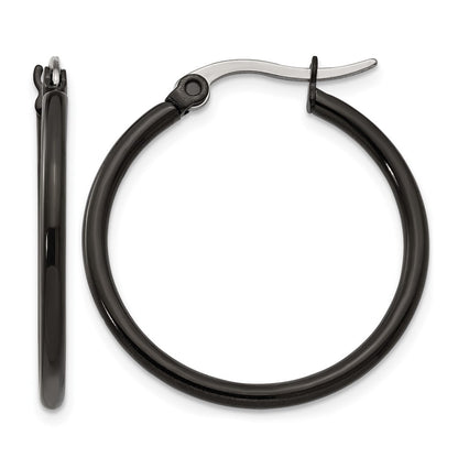 Stainless Steel Chisel Polished Black Ip-Plated 26mm Diameter 2mm Hoop Earrings