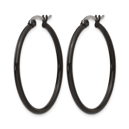 Stainless Steel Chisel Polished Black Ip-Plated 32mm Diameter 2mm Hoop Earrings