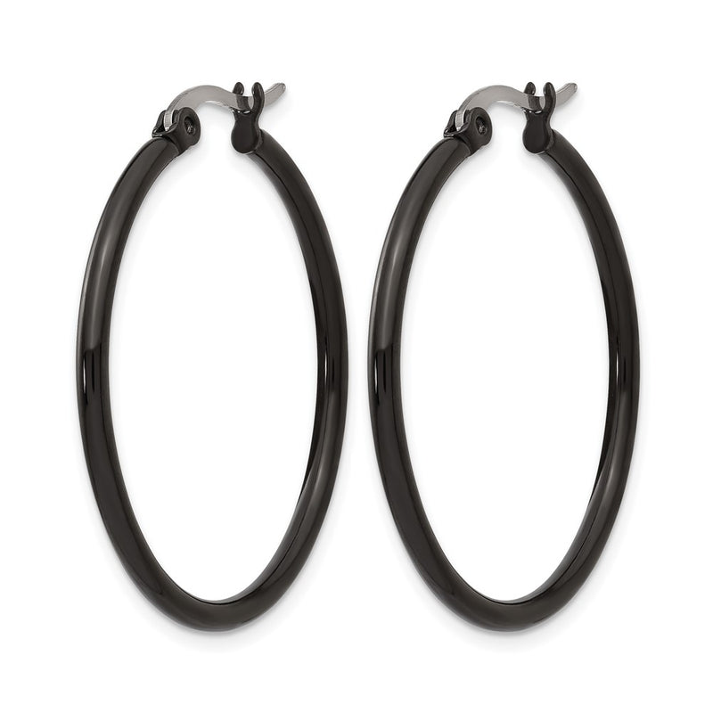 Stainless Steel Chisel Polished Black Ip-Plated 32mm Diameter 2mm Hoop Earrings